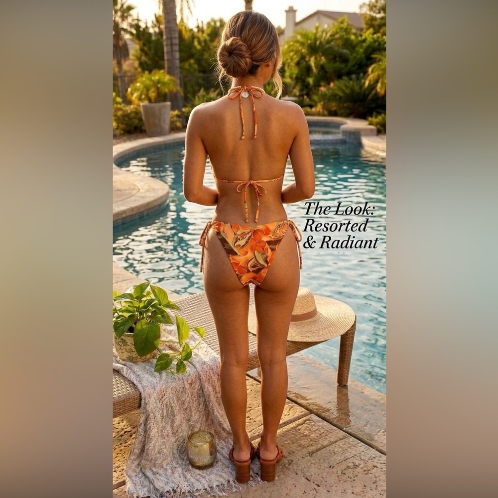 Tropical Floral Cutout One Piece Swimsuit Orange & Brown Halter Tie, Cheeky Fit - Picture 7 of 12